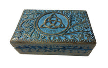 Load image into Gallery viewer, Hand Carved Triquetra Storage box. Blue colored