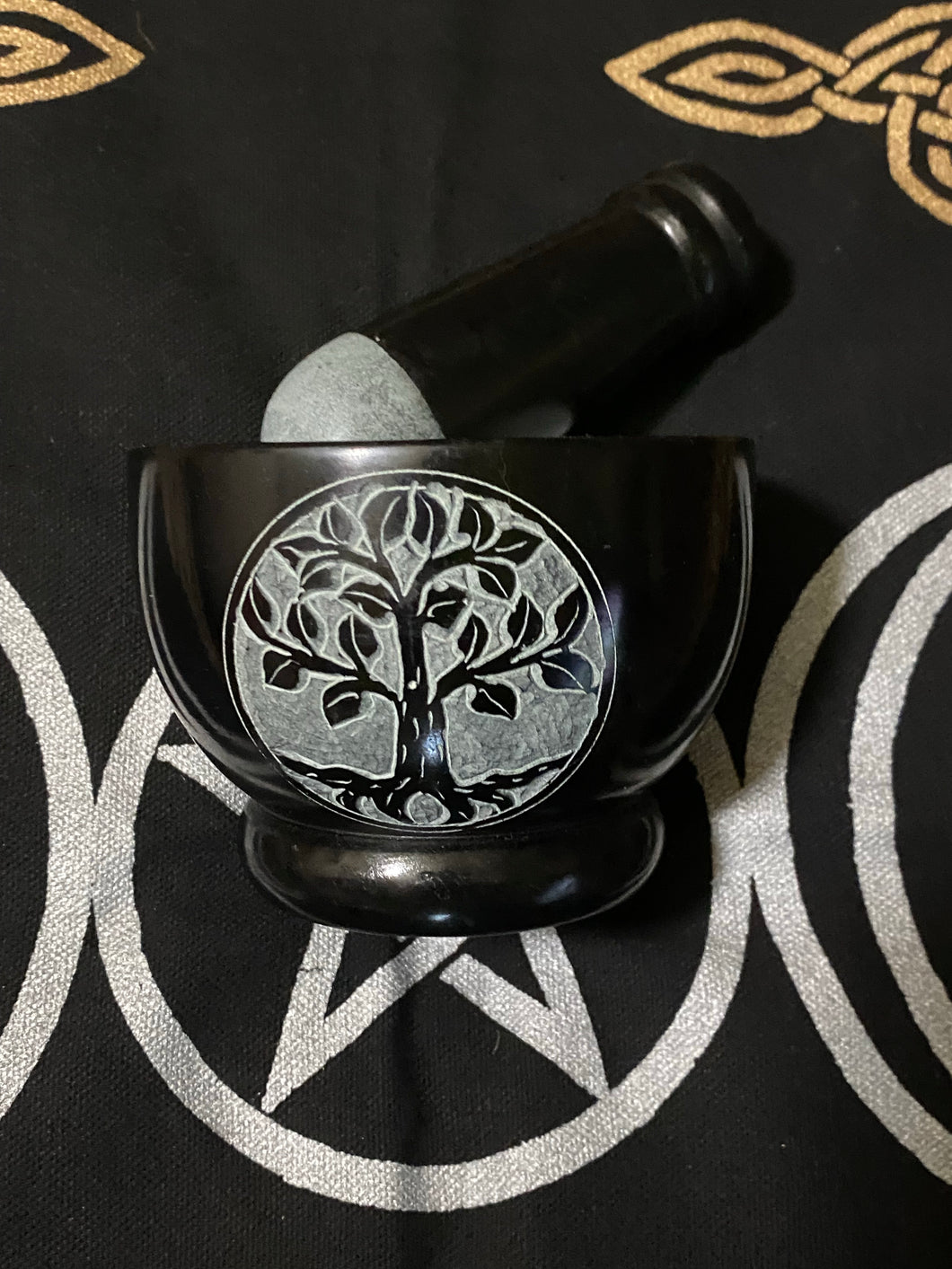 Black and white Tree of Life mortar and pestle