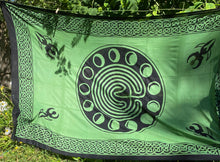 Load image into Gallery viewer, Celtic Earth/Moon Phases Tapestry green and black