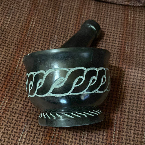 Black Soapstone Mortar and Pestle with Celtic knot work